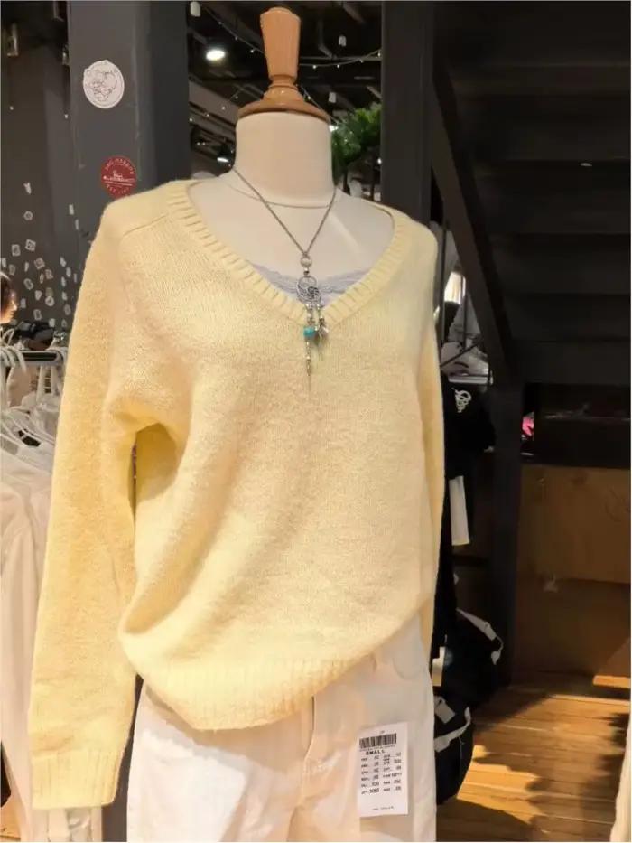 Pull tricoté jaune doux pour femme, col en V, style Y2K, décontracté et chic, pour automne hiver