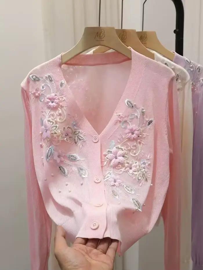 Pull féminin cardigan 2025 printemps automne en viscose avec perles 3D fleur broderie pour femmes occassions spéciales