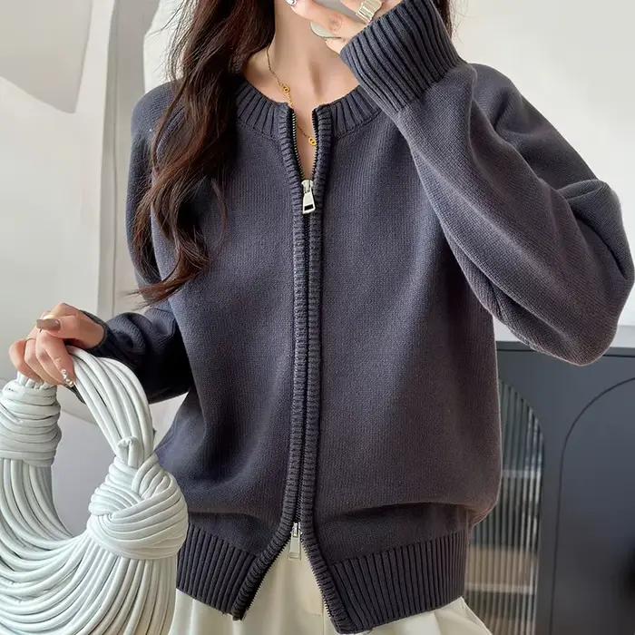 Double fermeture éclair pull Cardigan femmes à manches longues pur vêtements d'extérieur en coton automne hiver femme veste décontractée tricots B3032116