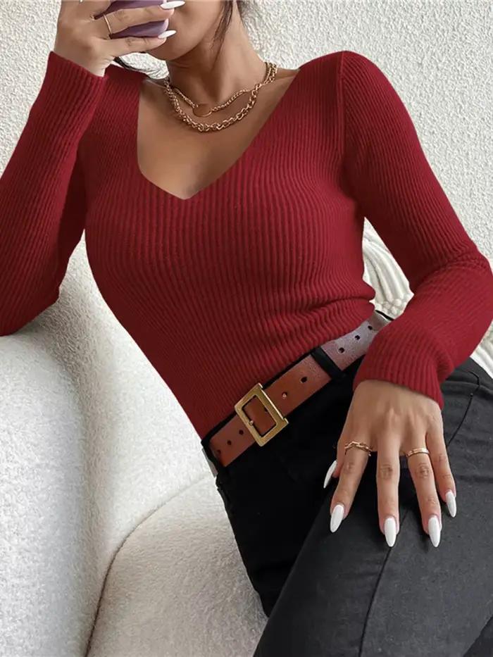 Pull-over Femme Y2K en Maille Côtelée Unie à Col en V et Rayures