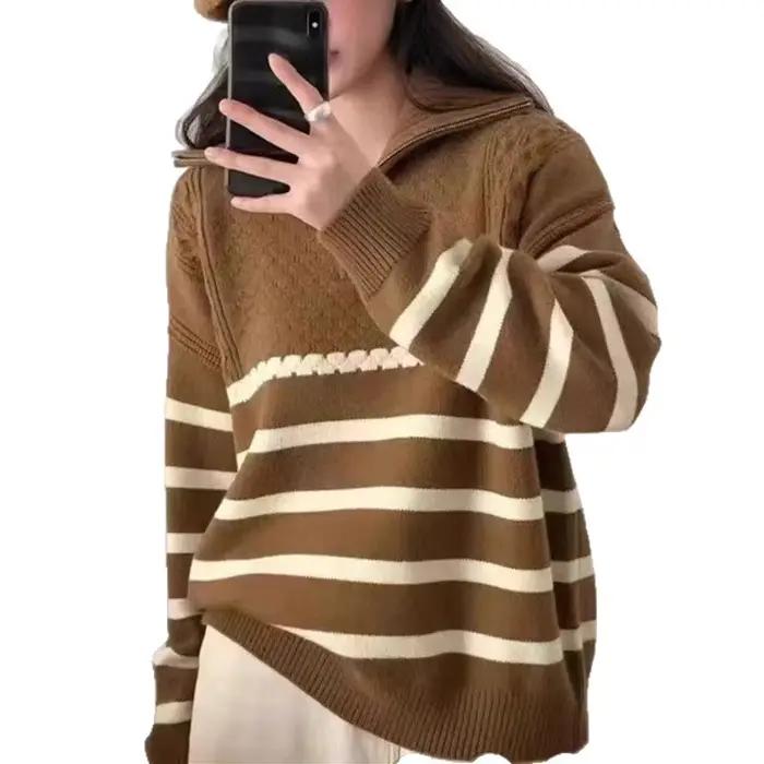 2025 Pull tricoté à col semi-fermé avec fermeture éclair - Style automne/hiver - Design à rayures mélangées