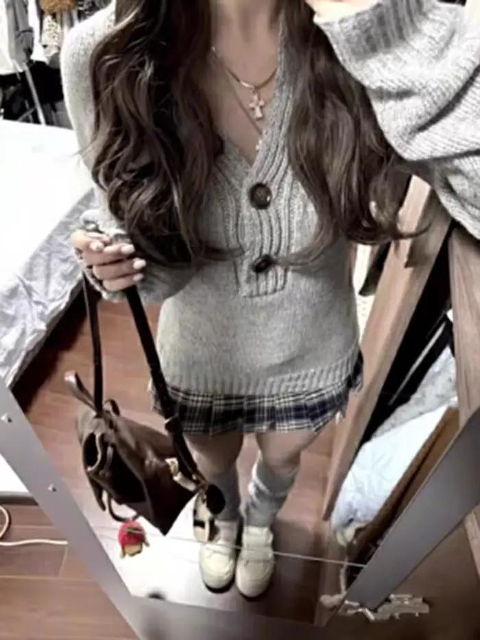 Pull gris Aoaiiys tricoté pour femmes, élégant pull confortable vintage pour les occasions spéciales printemps-automne