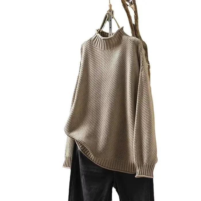 Pull pull femmes 2025 automne hiver pull décontracté col mi-haut couleur unie Vintage haut en tricot bureau dame tricots