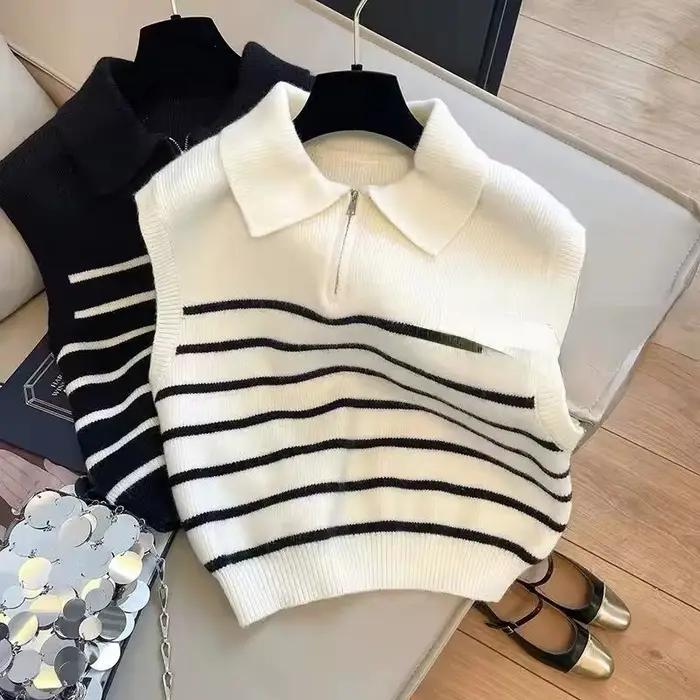 Coréen rétro revers fermeture éclair rayure tricoté gilet femmes automne hiver sans manches pull décontracté 100%