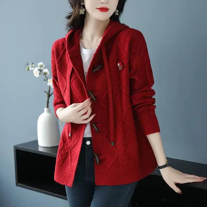 Cardigan Femmes Printemps Automne 2025 Nouveau Ample à Manches Longues Capuche Chic Décontracté Vestes Tricots