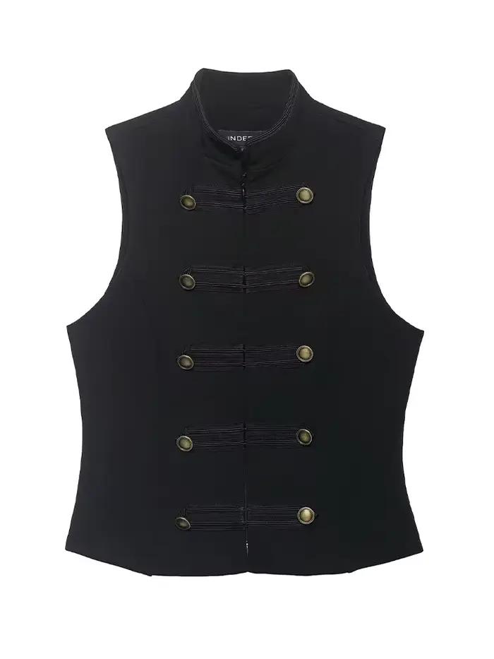 Gilet femme élégant et polyvalent à col montant et boucle en corde style rétro boutons en laiton tendance urbaine décontractée pour été