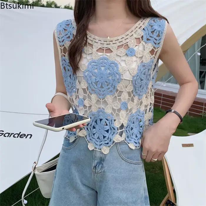 Nouveau pull court en maille ajourée brodé de fleurs au crochet pour femme 2026 – Blouse bohème de plage