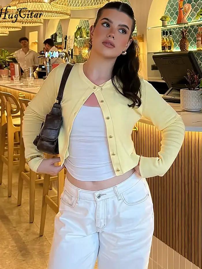 Hugcitar 2025 mode à manches longues solide Sexy boutons mince Cardigan culture T-Shirt haut automne femmes vêtements Streetwear fête Festival