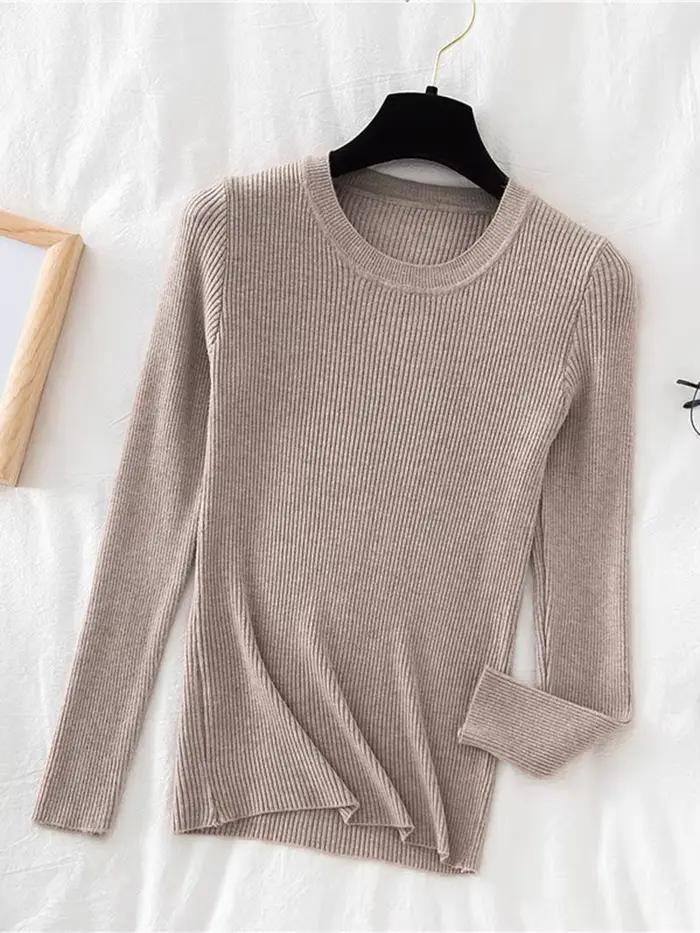 Nouveau Pull Femme 2026 Automne Hiver Manches Longues Col Rond Basique Tendance Élastique Tricoté Uni