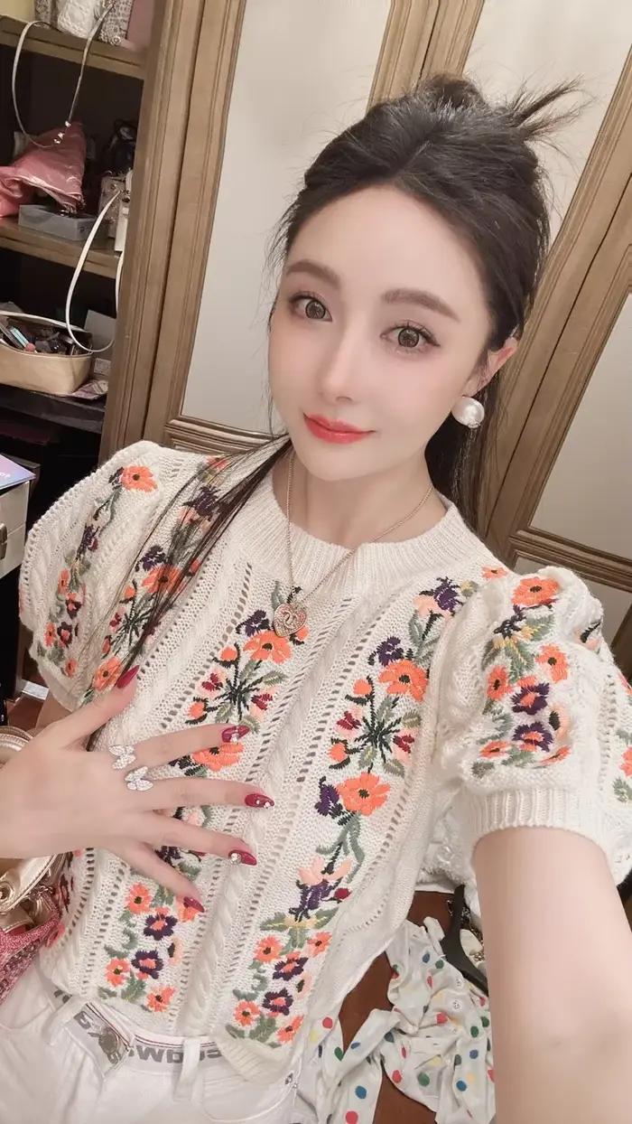 Pull brodé à manches bouffantes et col rond pour femmes, haut vintage et élégant, tricot chic à la mode, été, style floral, artisanat tricoté