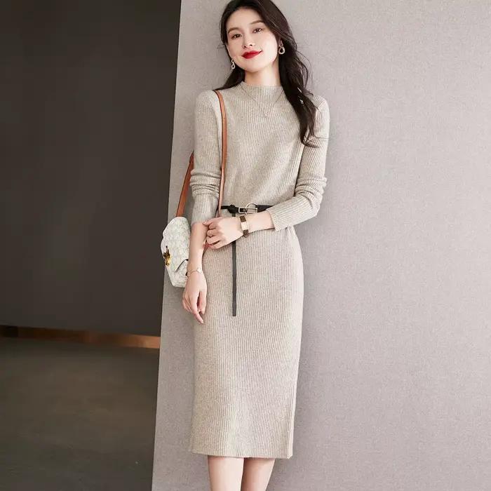 Pull mi-long à col semi-haut pour femme, robe pull, automne, hiver, 2024