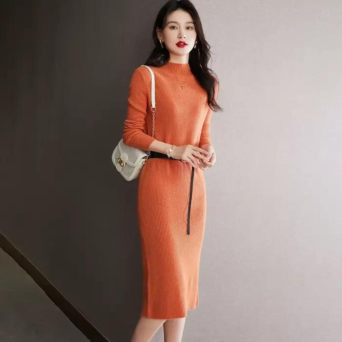 Pull mi-long à col semi-haut pour femme, robe pull, automne, hiver, 2024