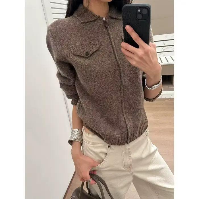 Cardigan tricoté à col polo zippé pour femme – Pull haut de gamme pour l'automne et l'hiver