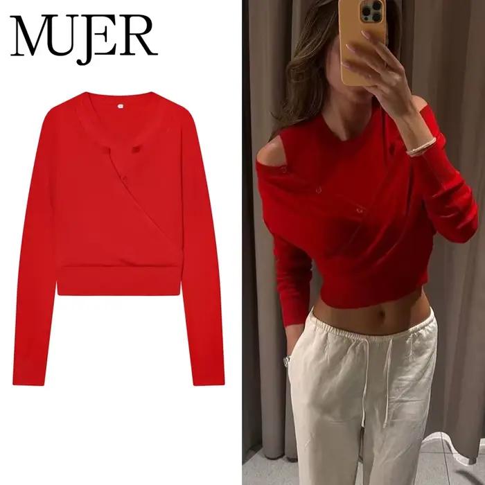 MUJER rouge Cardigan pulls femmes Double couche tricoté pull