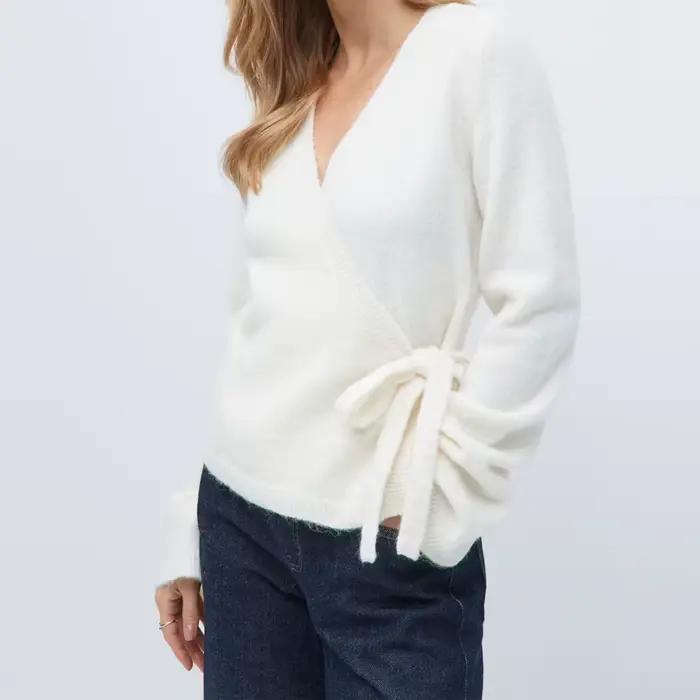 Cardigan portefeuille à nouer sur le devant pour femme, haut Y2K, couleur unie, col en V, manches longues, pull court en tricot, vêtements décontractés pour l'hiver et l'automne