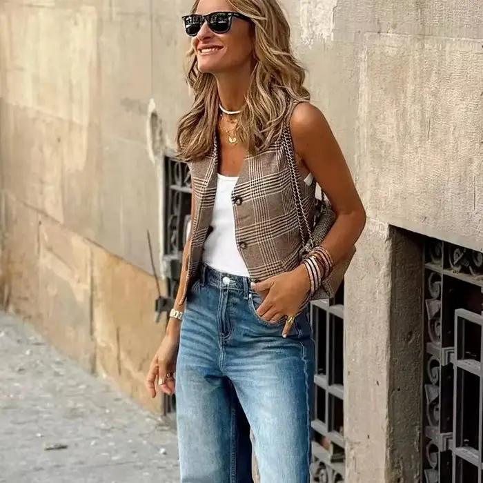 Gilet EAEOVNI en polyester gris avec décoration bouton pour femmes, veste courte et élégante pour les occasions estivales