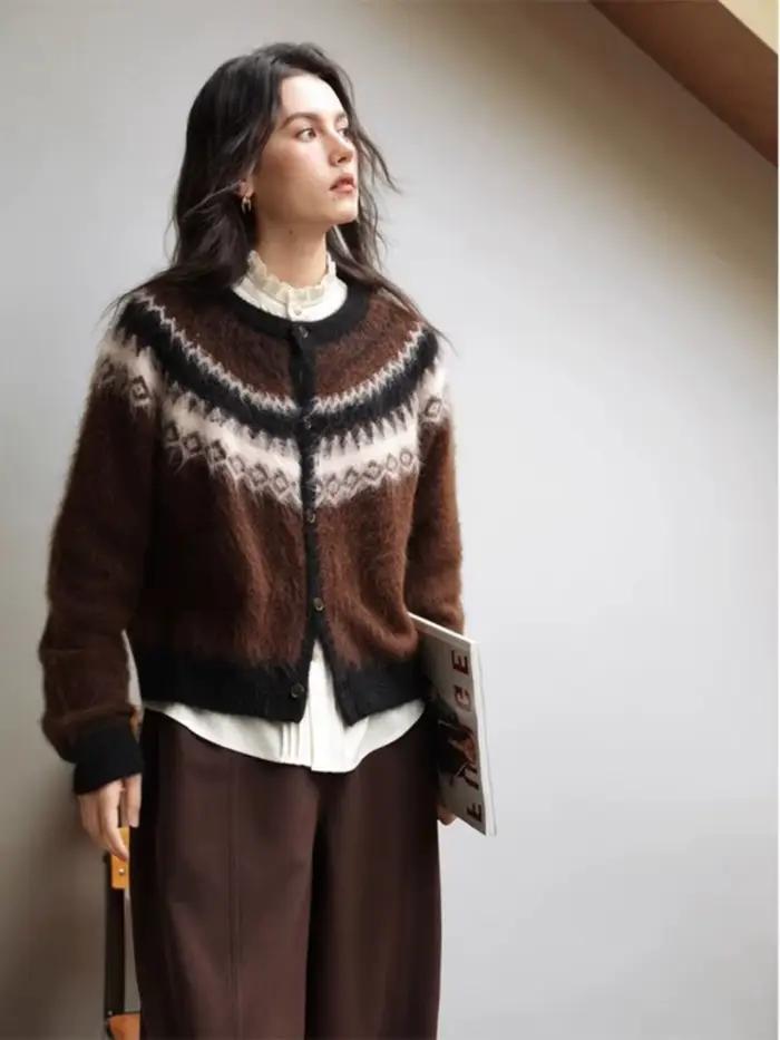 Cardigan en laine d'alpaga et polyester décontracté pour femme style nordique automne hiver occassions spéciales confortable élégant à offrir