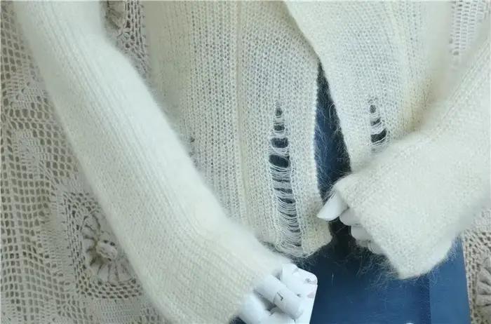 Dames femmes printemps automne poilu pelucheux mohair mode style court fendu col rond pull angora chèvre laine
