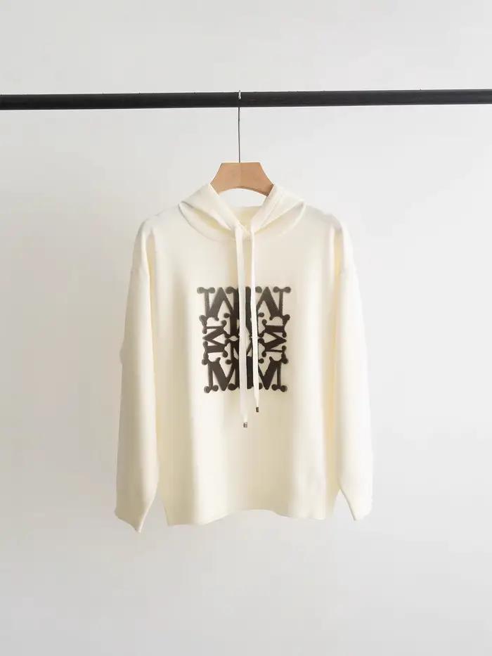 Lettre Jacquard femmes tricot pull à capuche 100% laine 5 couleurs ample décontracté dame cordon