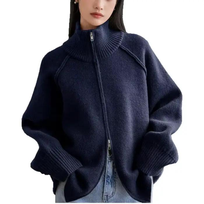 Pull manteau femmes automne hiver nouveau Style coréen couleur unie col montant fermeture éclair tricoté Cardigan haut