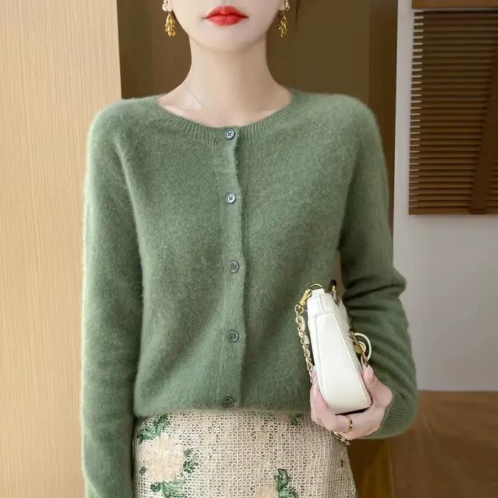 100% laine mérinos à manches longues chandails cachemire Cardigan printemps automne femmes col rond tricots hauts vêtements mode Tops basiques