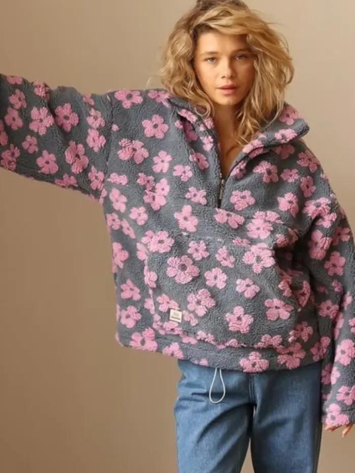 Sweat-shirt Sherpa à demi-fermeture éclair pour femme