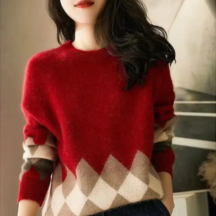 Pull femme rouge Plaid hauts en tricot