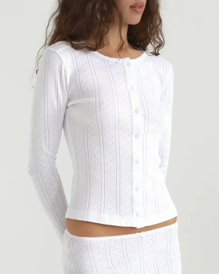 请按照要求直接输出HTML内容和最后的SEO优化标题。 ###TITRE### Cardigan en tricot coton rayures verticales ajourées style français ajusté manches longues col rond bordure dentelle haut court ajusté confortable élégant toutes saisons usage maison