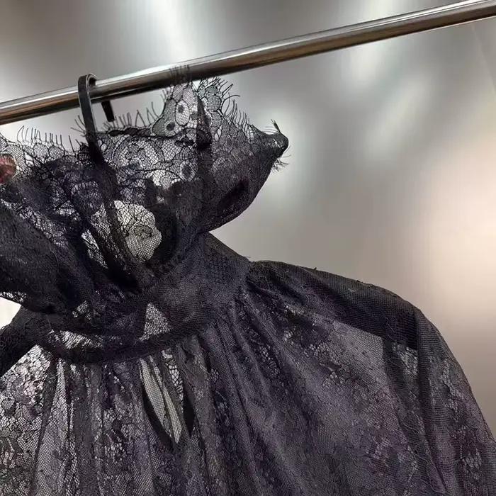 KUCLUT 2025 automne hiver nouveau Style de dentelle noir col montant à manches longues chemise creuse pour les femmes chemisier polyvalent femme 1A1550