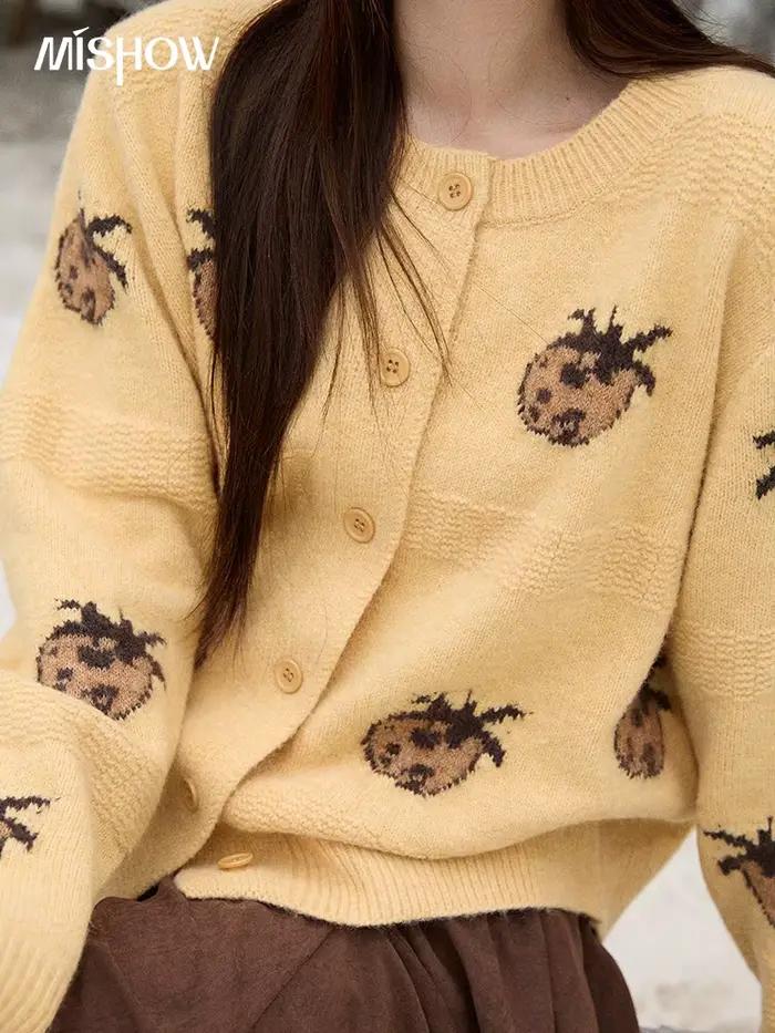 MISHOW Cardigan femmes 2025 automne hiver mode Fuuny ananas Jacquard col rond simple boutonnage pull femme MXE87Z2752