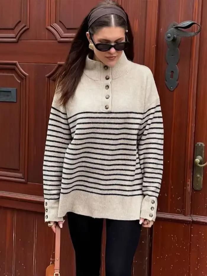 Col montant bouton rayé pull tricoté femmes à manches longues Patchwork