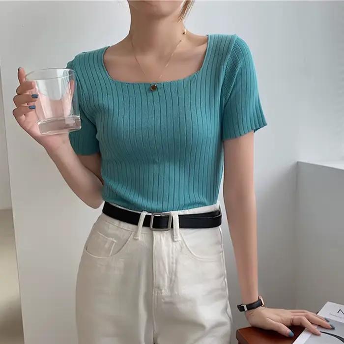 Pull en tricot à manches courtes pour femmes, pull coréen, blanc basique, été