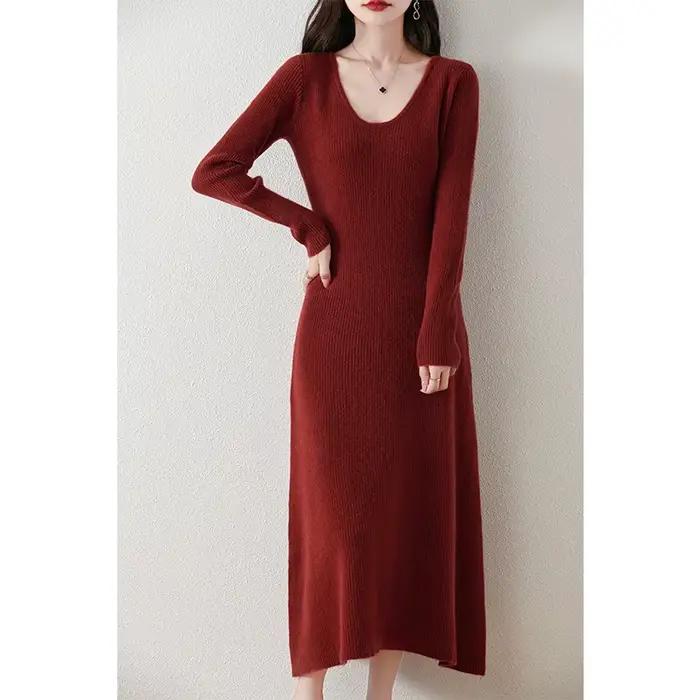 VU col coupe ajustée 100% laine mérinos femmes automne hiver nouveau Style à manches longues chaud couleur unie pull à la mode robe en tricot