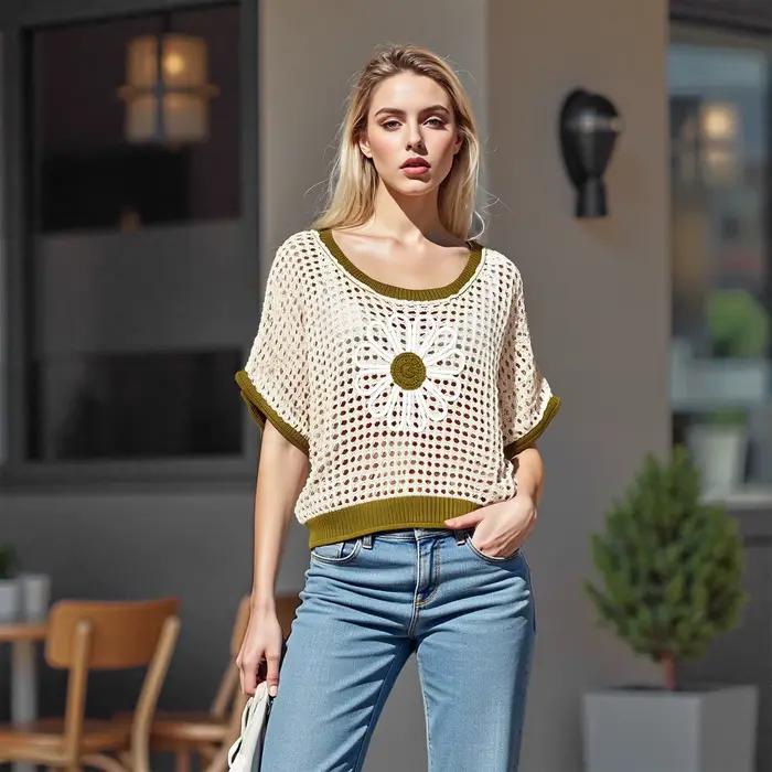 Haut Puloru Daisy en Polyester Brodé Fleur Pour Femmes Style Plage Occasions Spéciales