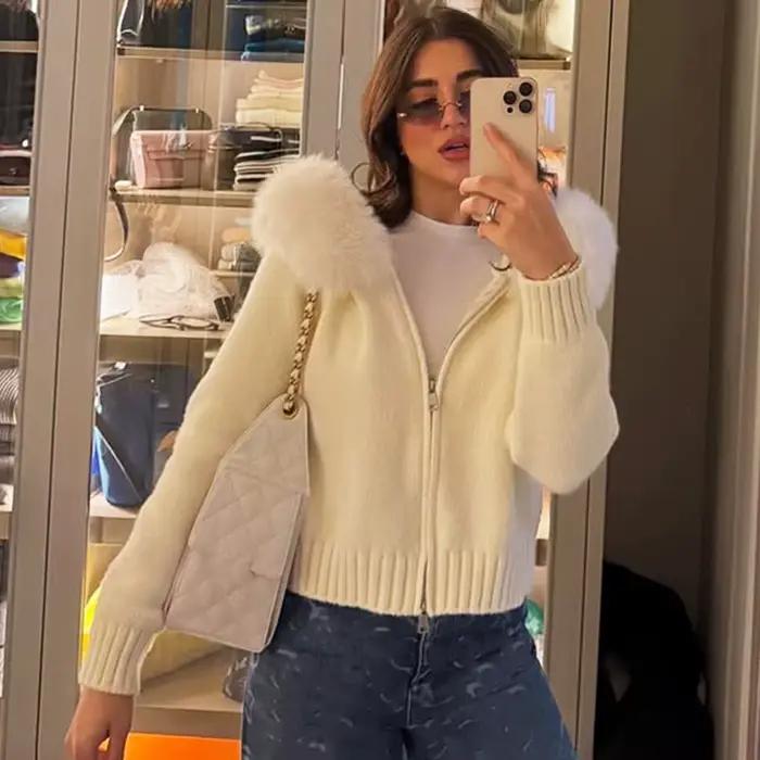 Talenza hiver femme pull à capuche Cardigan moelleux fermeture éclair Patchwork à manches longues côtelé solide tricot