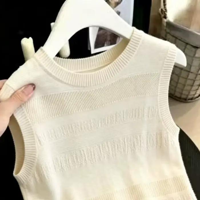 Nouveau pull tricoté ajouré à col rond pour femme