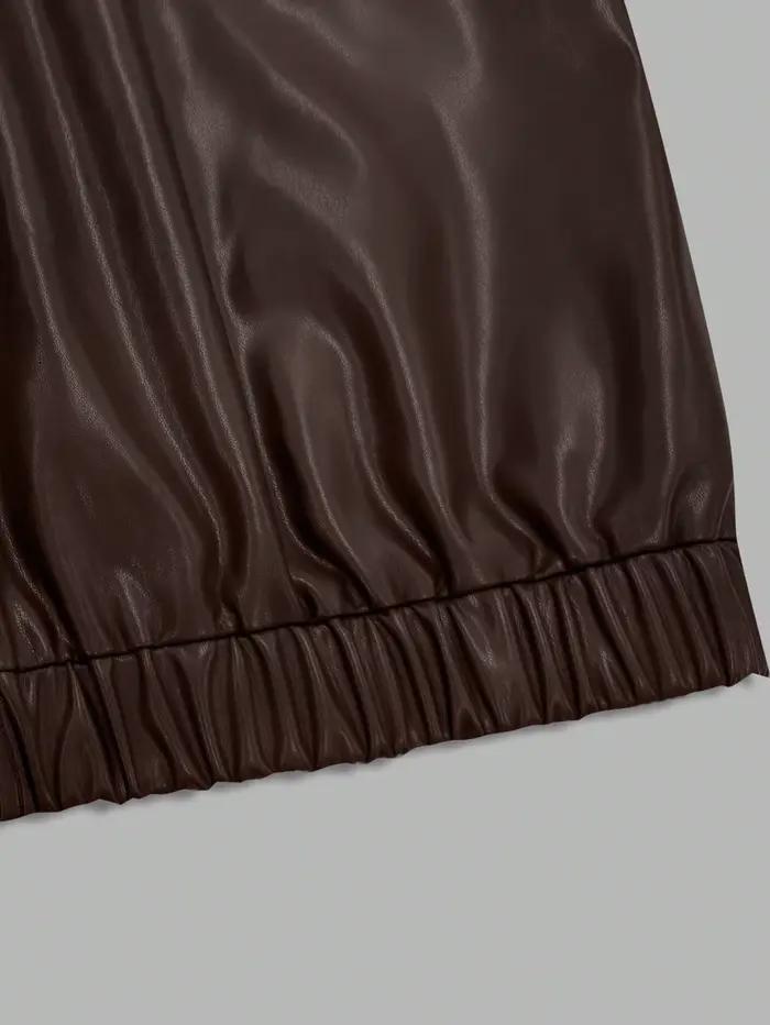 Veste en simili cuir marron chocolat ample à revers pour femmes, veste bomber courte pour le printemps et l'automne, adaptable à divers styles et occasions