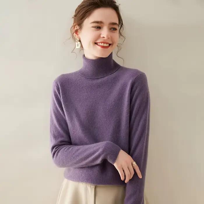 Pull à col roulé en cachemire pur pour femmes, élégant et confortable pour les occasions automnales et hivernales