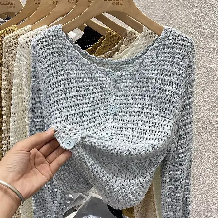 Pointelle tricot Cardigan pour femmes à manches longues simple boutonnage pull veste culture ajouré Cardi haut femme basique tenue quotidienne