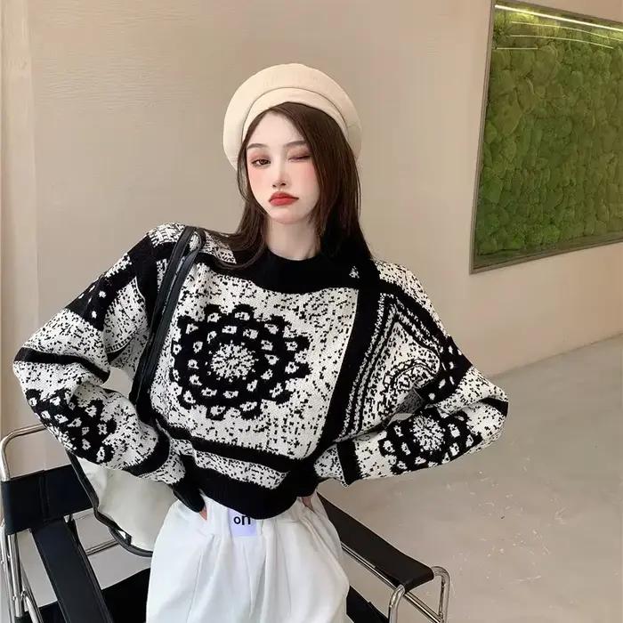 Pull court aux motifs floraux en coton-acétate-polyester pour femmes, style coréen, automne-hiver 2025, extrêmement court, col rond, confort et élégance