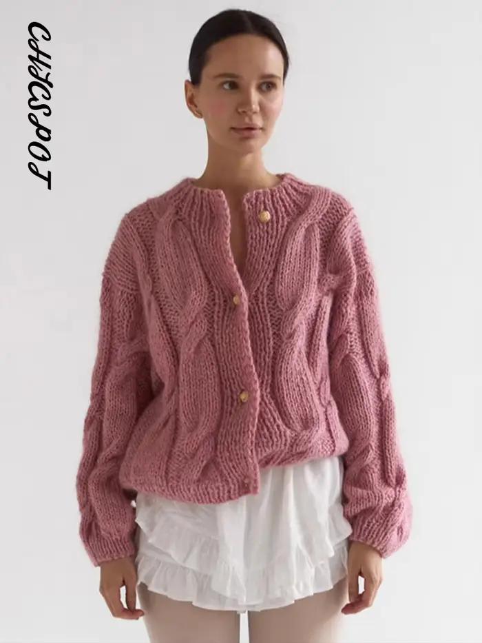Cardigan en tricot épais et solide avec boutons dorés pour femme