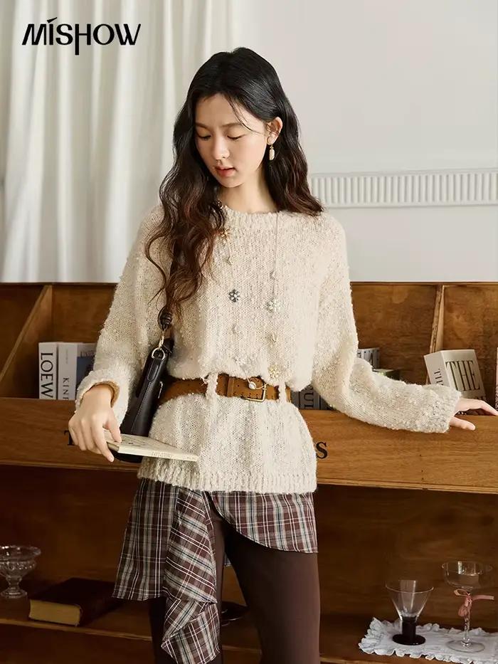 MISHOW pull femme laine 2025 automne nouvelle ceinture taille conception goutte épaules manches haut en tricot trajet