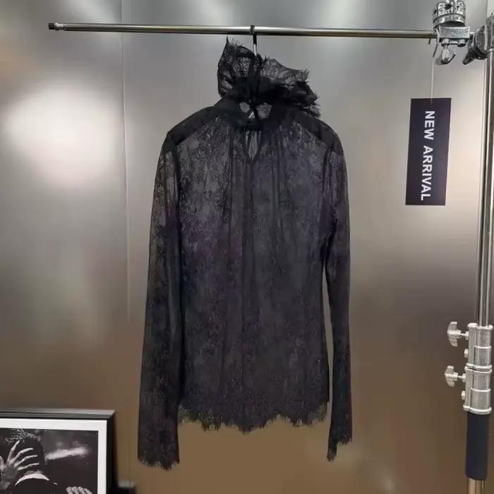 KUCLUT 2025 automne hiver nouveau Style de dentelle noir col montant à manches longues chemise creuse pour les femmes chemisier polyvalent femme 1A1550
