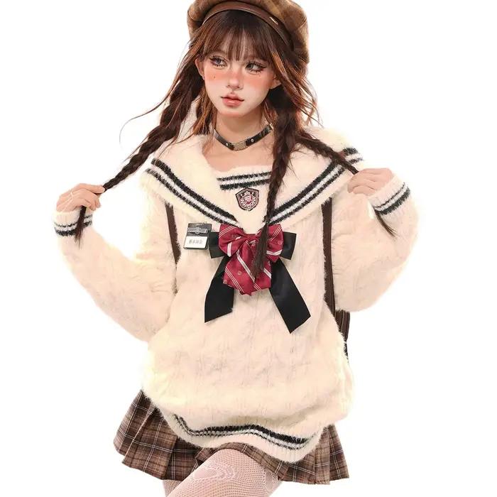 Pull paresseux en laine ample avec col rabattu pour femmes, style décontracté, saison automne-hiver, couleurs bleu ciel et noir, tailles L, M, XL
