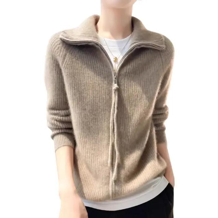Femmes pull 2025 fermeture éclair Cardigans automne hiver épais chaud col rabattu mode solide coréen tricoté