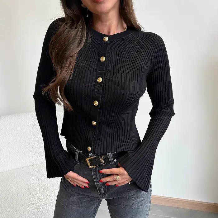 Pull femme couleur unie bas fileté haut simple boutonnage 2025 automne et hiver
