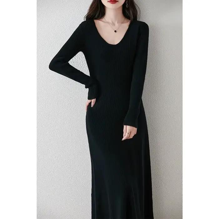 VU col coupe ajustée 100% laine mérinos femmes automne hiver nouveau Style à manches longues chaud couleur unie pull à la mode robe en tricot