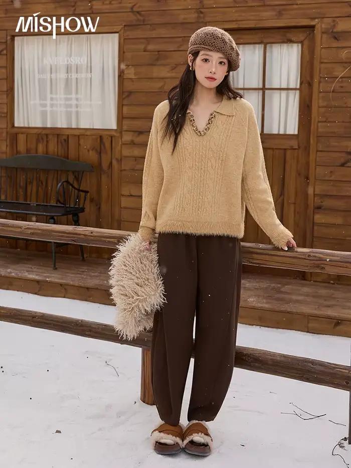 MISHOW jaune tricoté pull pour femmes 2025 hiver nouveau manches longues câble en peluche ourlet couture