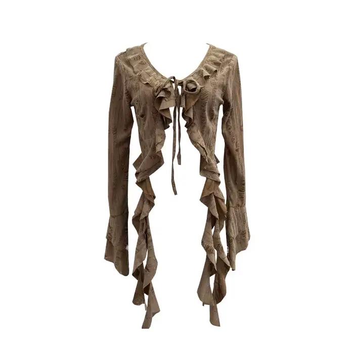 ISAROSE Wasteland Style Cardigan pour femmes Punk printemps automne couleur unie évasé manches longues avant à lacets à volants déchiré hauts