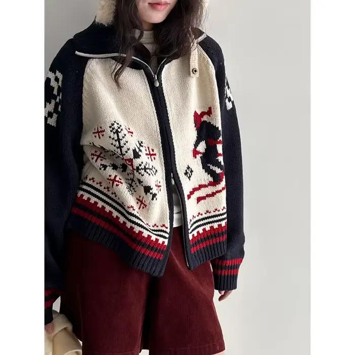 Pull rétro Jacquard à Double fermeture éclair pour femme
